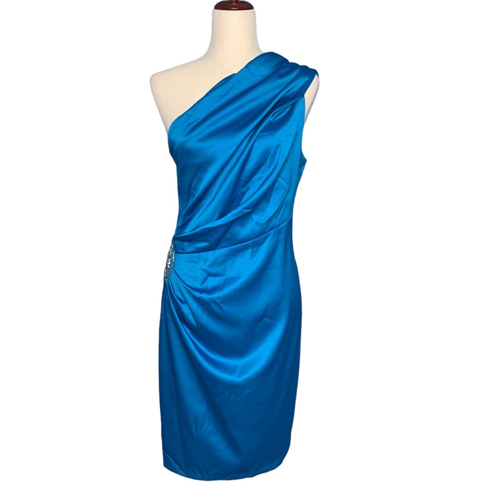 Jessica Howard Turquoise Blue Satin One Shoulder Cocktail Dress | Size 10 - Picture 2 of 8